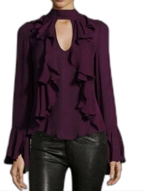 Cinq a Sept Sia Choker Ruffled Silk Blouse in Burgundy Small